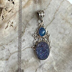 Sterling Silver 925 Oval Opal Titanium Druzy Scrollwork Pendant Necklace 18"